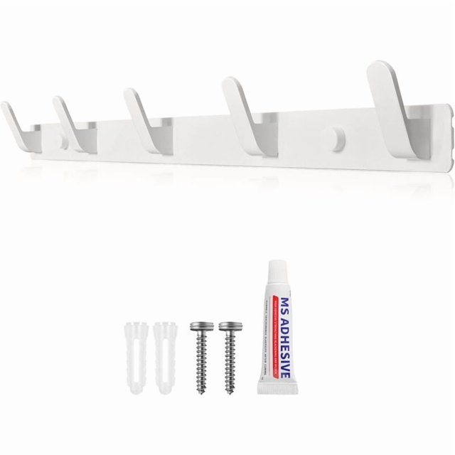 Wall Mounted Coat Rack, Wall Hooks, White Coat Rack with 5 Hooks Two Installation Methods (with Adhesive and Screws) for Entryway Bedroom Bathroom Kitchen