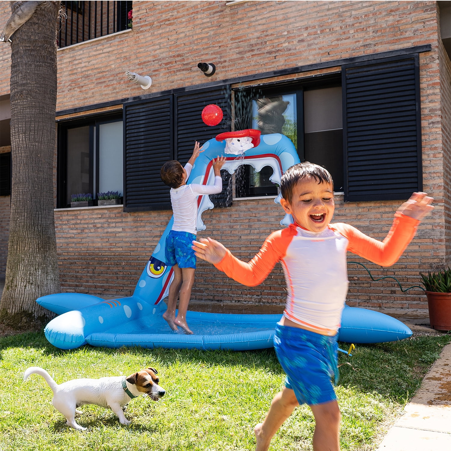 Zone Tech Giant Inflatable Shark Sprinkler Splash Pad with Basketball Hoop and Water Toys - Fun Sprinkler Summer Outdoor Game