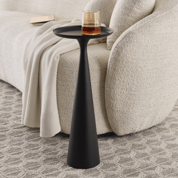 Matte Black All-Steel Compact Drink Side Table, Fully Assembled Aged Metal Pedestal Accent End Table for Small Bedroom Living Room Patio Decor