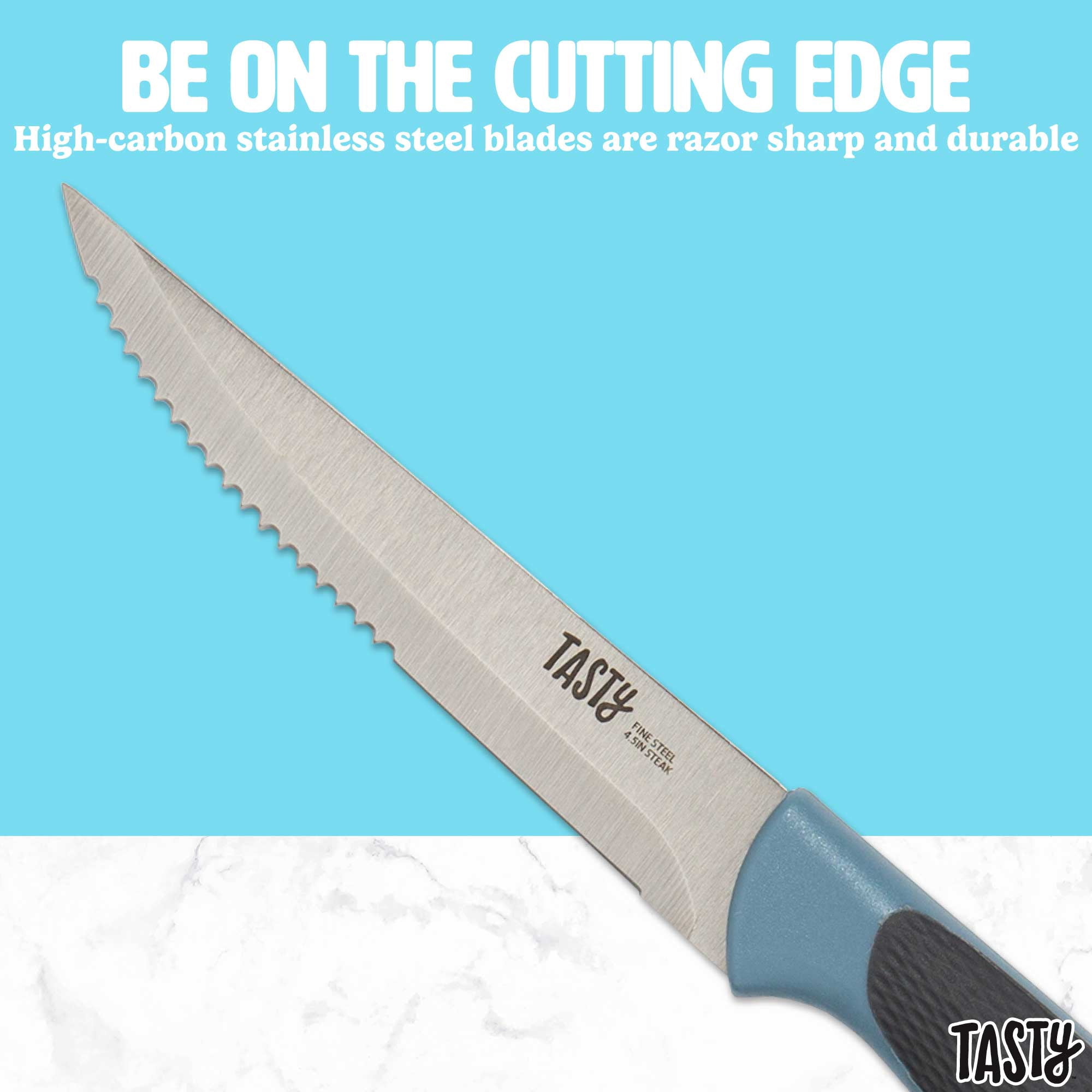 Tasty 4 Piece Stainless Steel Steak Knife Set, Serrated Edge, Blue