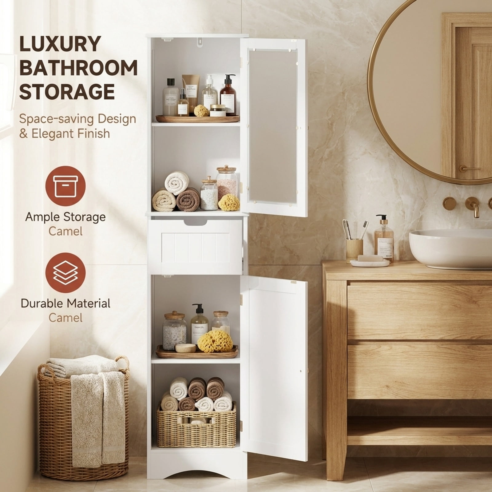Vebreda Freestanding Bathroom Storage Cabinet, Tall Floor Storage Cabinet with 2 Doors and 1 Drawer for Bathroom, Fit Anywhere You Need