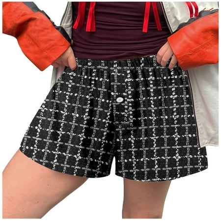 Blphud Short Summer Skirts Short Underwear for Women Women Shorts Cute Soft Elastic Low Waist Plaid Print Button Front Pajama Bottoms Boxer Shorts Sleepwear plus Size Overalls Shorts Grey L