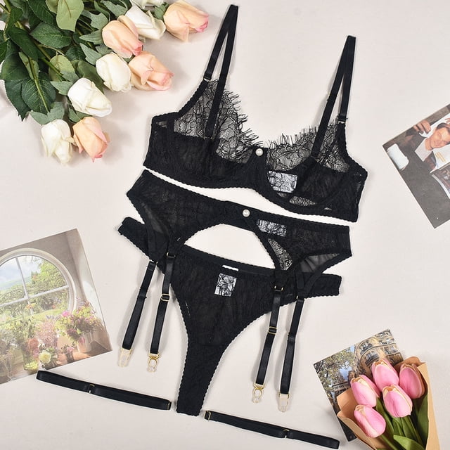 Sujetador sexy transparente de encaje con perlas decorativas, lencería sexy para mujer