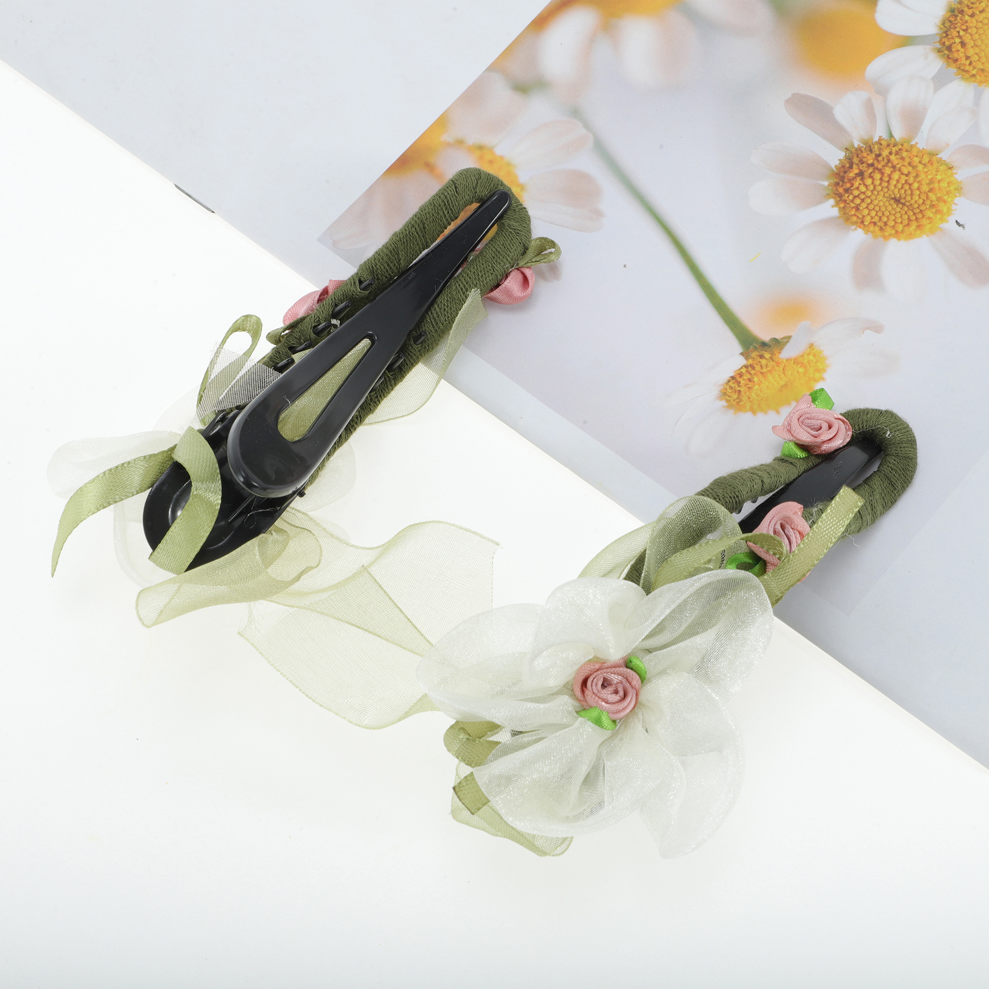Unique Bargains 2Pcs Rose Flowers Hair Clip Set in Green