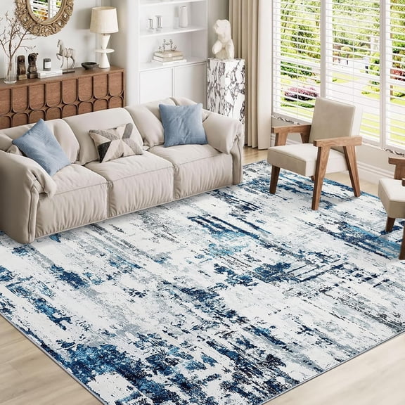 Modern Abstract Area Rug 8x10 Washable Low Pile Non Slip Indoor Carpet Stain Resistant Large Floor Rug for Living Room Bedroom Dining Room Office,blue