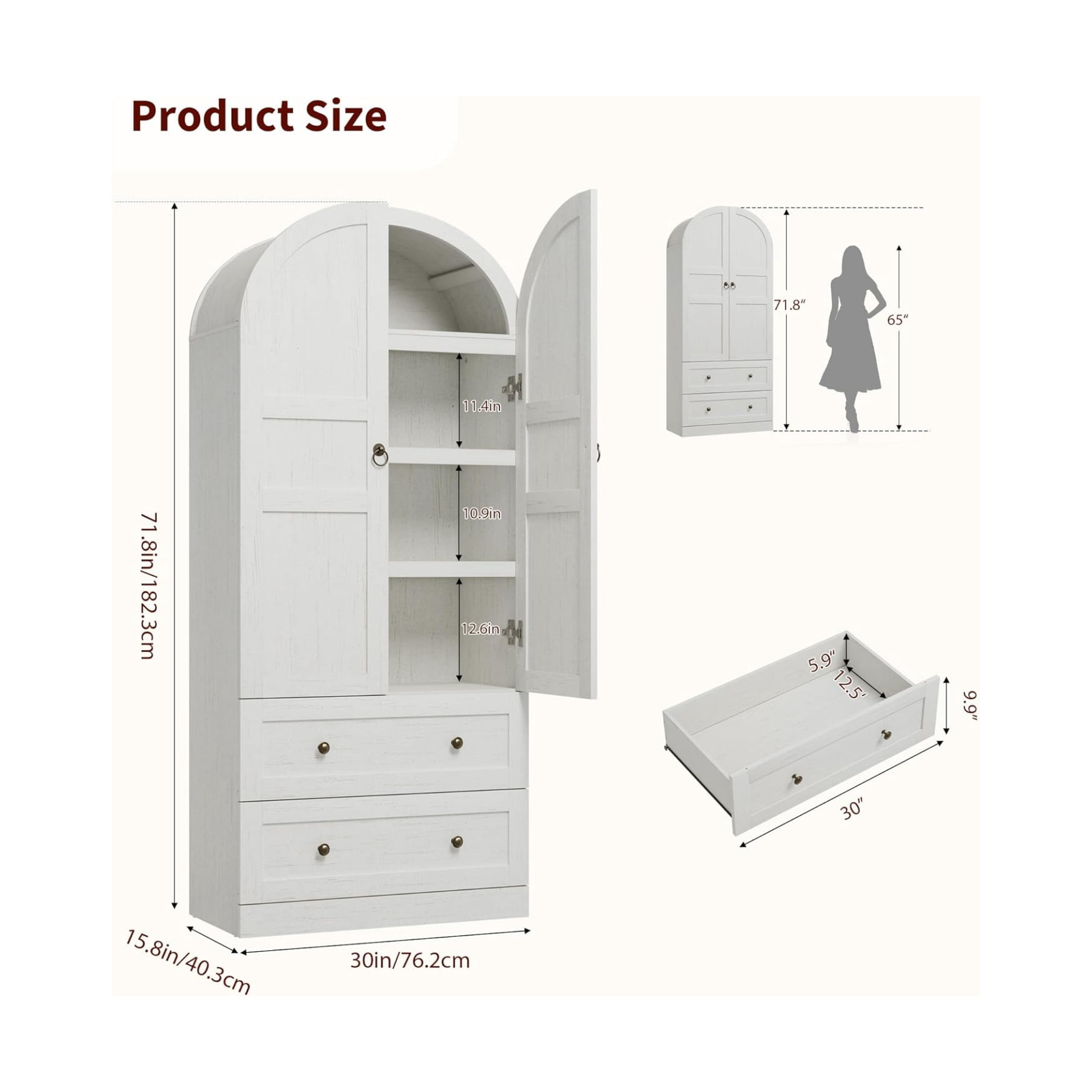 72" Tall Arched Kitchen Pantry Cabinet, Farmhouse Wood Pantry Storage Cabinet with 2 Large Drawers, Wood Door, Freestanding Versatile Pantry Cabinets for Dining, Living Room