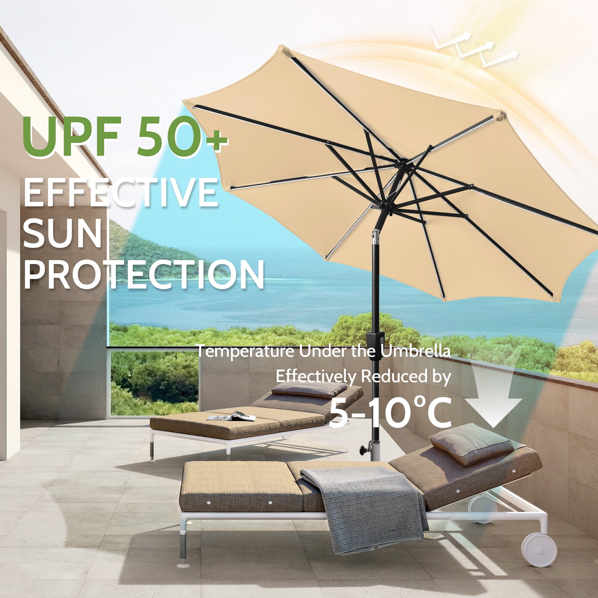 Scafild | 7.5ft Outdoor Patio Umbrella with Solar Lights, Outdoor Market Umbrella with Colorful LED Lights and Tilt and Crank - Beige