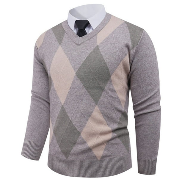 Blusas y camisas de manga larga con cuello en V para hombre, suéter de punto con cuello en V y manga larga con estampado a cuadros, jersey de poliéster para hombre