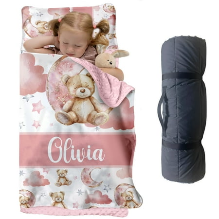 AOLOA Custom Teddy Bear Nap Mat for Toddlers Personalized Moon and Stars Sleeping Bag with Nap Blanket Dreamy Sky Roll Up Mat for Preschool or Daycare