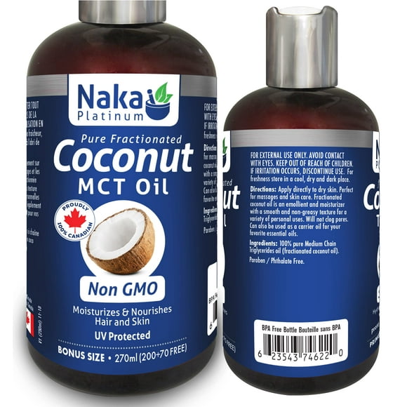 Naka Platinum Pure Fractionated Coconut MCT Oil, Non GMO, Moisturizes & Nourishes Hair and Skin, UV Protected, Made in Canada (200+70ml FREE) (Coconut MCT oil)