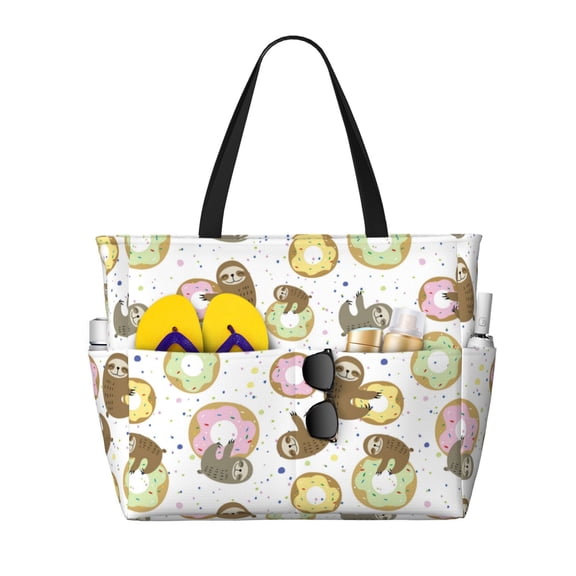 Honeii Donut Sloth for Tote Bag with Adjustable Strap,Beach Bag, Waterproof Sandproof Beach Tote Bag, Large Capacity Foldable Beach Bags