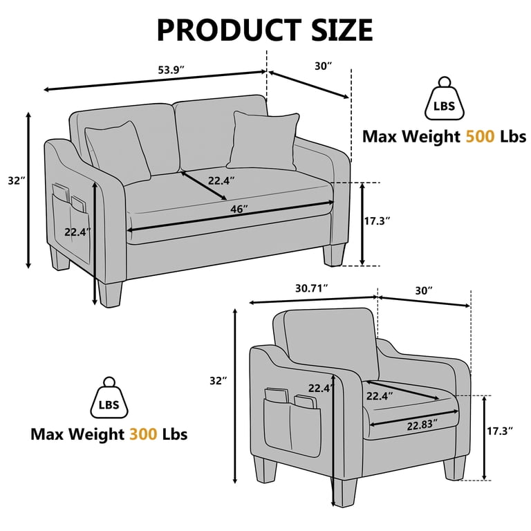 ZX Design 3-Pieces Mid-Century Modern Corduroy Living Room