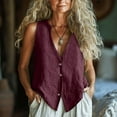 thumbnail image 2 of Lcziwo Linen Button Down Vest Women Sleeveless Deep V Neck Boho Tops Casual Summer Beach Jacket Waistcoat Wine,S, 2 of 7