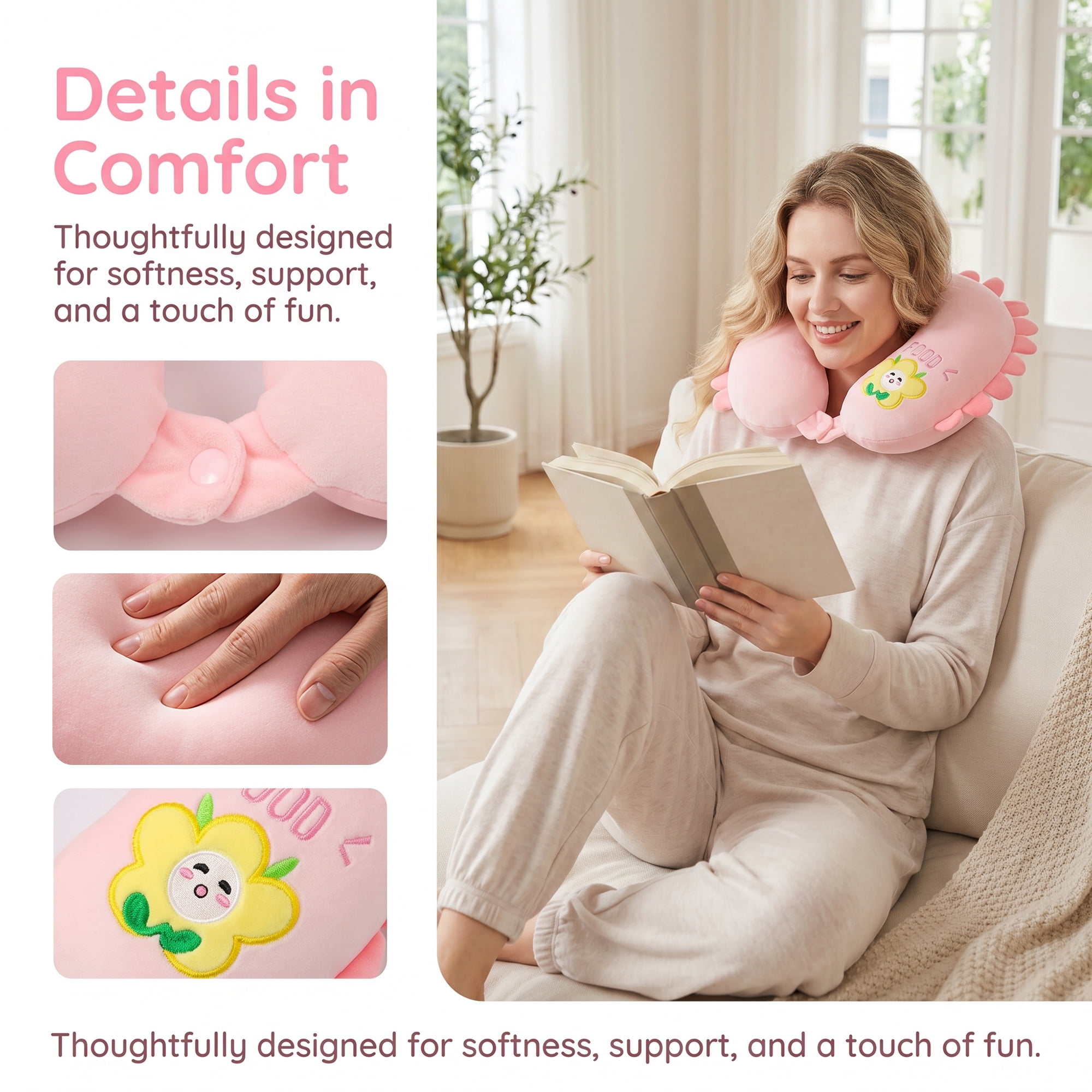 Unique Bargains Memory Foam Neck Pillow U Shape Sunflower Neck Pillow Pink 12"x12"