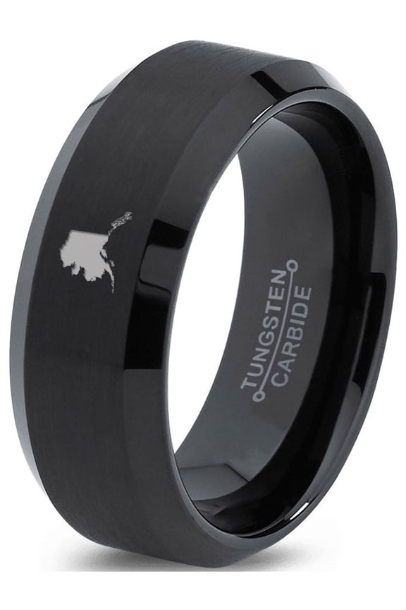 Tungsten Alaska The Last Frontier State Band Ring 8mm Men Women Comfort Fit Black Beveled Edge Brushed Polished