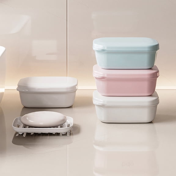 Hyknon Soap Dish, Leakproof Soap Storage with Lid & Draining Layer, Shatterproof Travel Bar Plastic Soap Holder Case Container, Portable Travel Size Bar Container Box for Camping Gym Bathroom, White