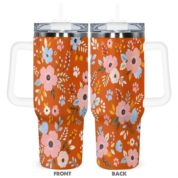 40oz Orange Floral Paw Print Insulated Tumbler with Handle and Straw Lid Cute Dog Lover Travel Coffee Cup Gift