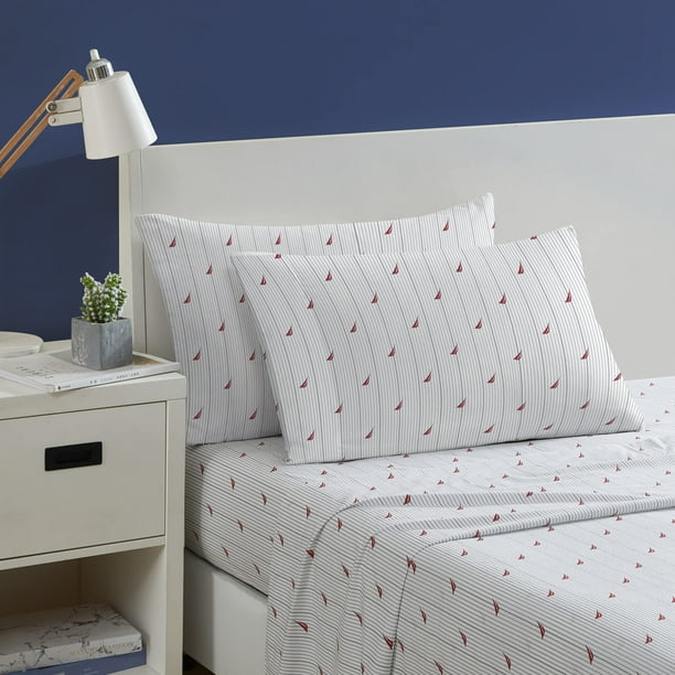 Juego de sábanas Nautica Audley Stripe Red, 100% algodón percal