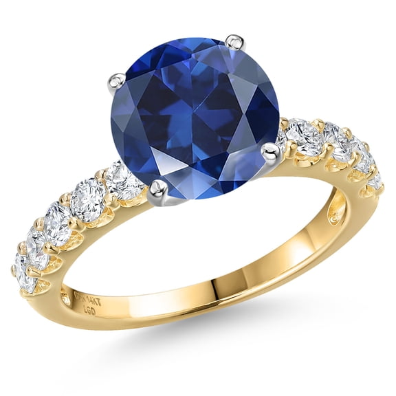 Gem Stone King 14K Two Tone Gold Blue Created Sapphire and Lab Grown Diamond Engagement Ring for Women | 4.31 Cttw | Round 10MM | Gemstone September Birthstone | Size 8
