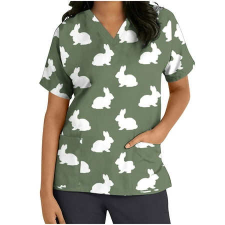

Easter T Shirt Ladies US Summer Scrub Tops for Women Happy Easter T-Shirt V Neck Comfy Loose Fit Cute Rabbit Shirts Bunny Tees Short Sleeve Pockets Flared Nursing Working Uniform Workwear Tops