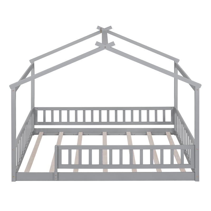Full Size Wood House Bed with Fence and Roof Frame, Kids Floor Montessori Bed with Safety Guardrails, Sturdy Pinewood Playhouse Bed for Boys Girls
