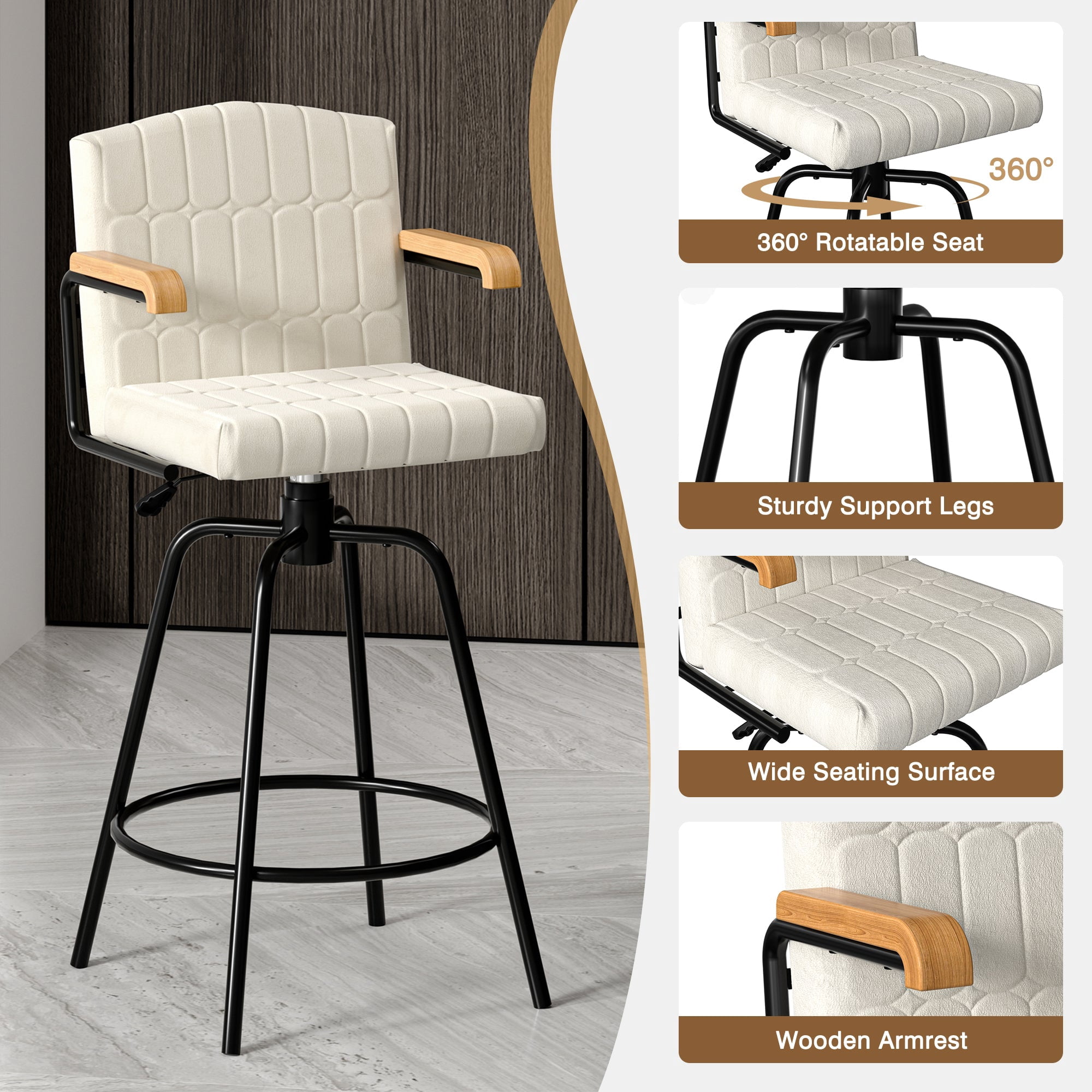VECELO Swivel Bar Stools Set of 4 with Back and Armrest, Counter Height, Velvet Upholstered Bar Chairs for Kitchen Island & Home, Beige
