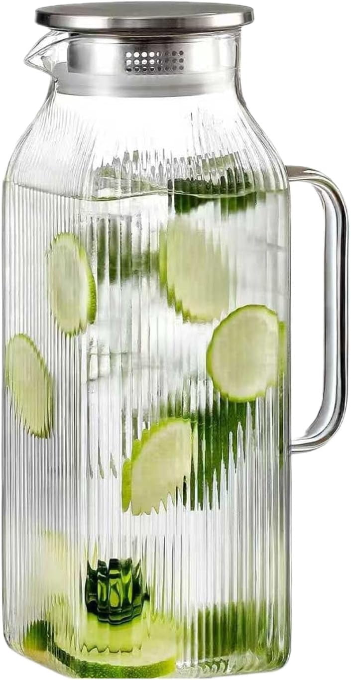 1 Gallon Thickened Glass Pitcher with Lid and Spout, Borosilicate Carafe for Hot Cold Drink, Water Pitcher for Fridge with Handle for Iced Tea Coffee Juice (2000ml)