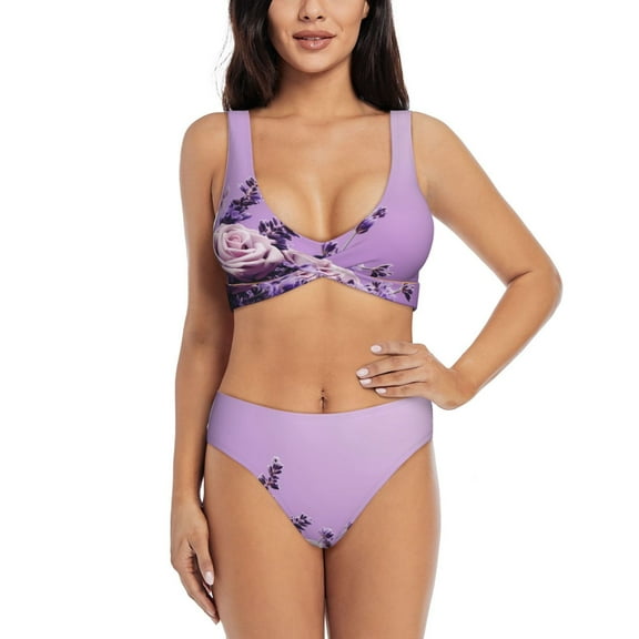 Kdxio Lavender Roses Arrangement Print Women's 2 Piece High Waisted Wrap Spaghetti Strap Summer Swimsuit Bikini Set-Medium