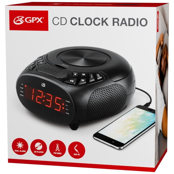 GPX CD AM/FM Dual Alarm Clock Radio with 1.2 Inch Display and Snooze Function - Black