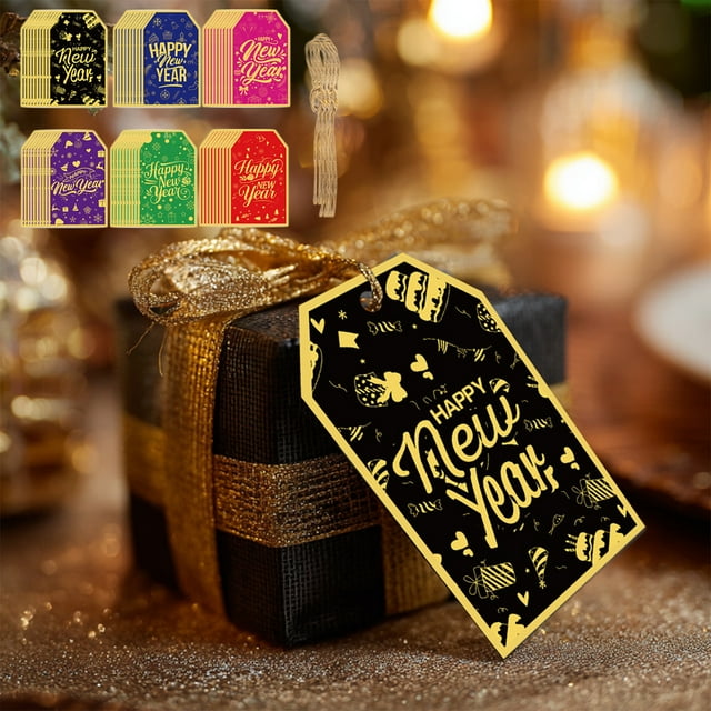 BAOPAI 60 Pieces Gold Foil Printed Gift Tags With String 3.5x2.1 Inches Multicolor Paper Hanging Labels For New Year Party Favors Return Gifts