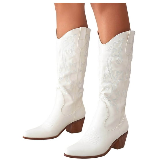 Chenyee Cowboy Boots for Women Embroidered Pull On Chunky Stacked Heel Knee High Western Booties