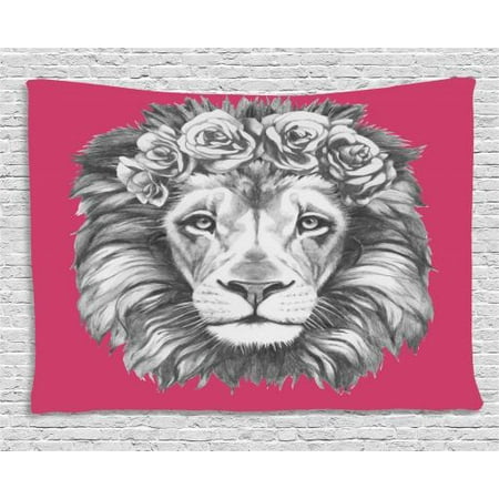 Lion Tapestry Portrait Of An Exotic African Safari Animal With A Floral Head Wreath Wall Hanging For Bedroom Living Room Dorm Decor 80w X 60l