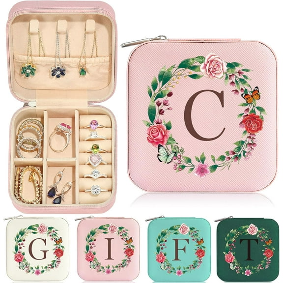 Gift For Mom - Personalized Birthday Gift For Mom | Initial Travel Jewelry Case | Small Jewelry Box For Women | Mom Gifts From Daughters | Mom Gift For Women - Letter C, Pink[Z2856]