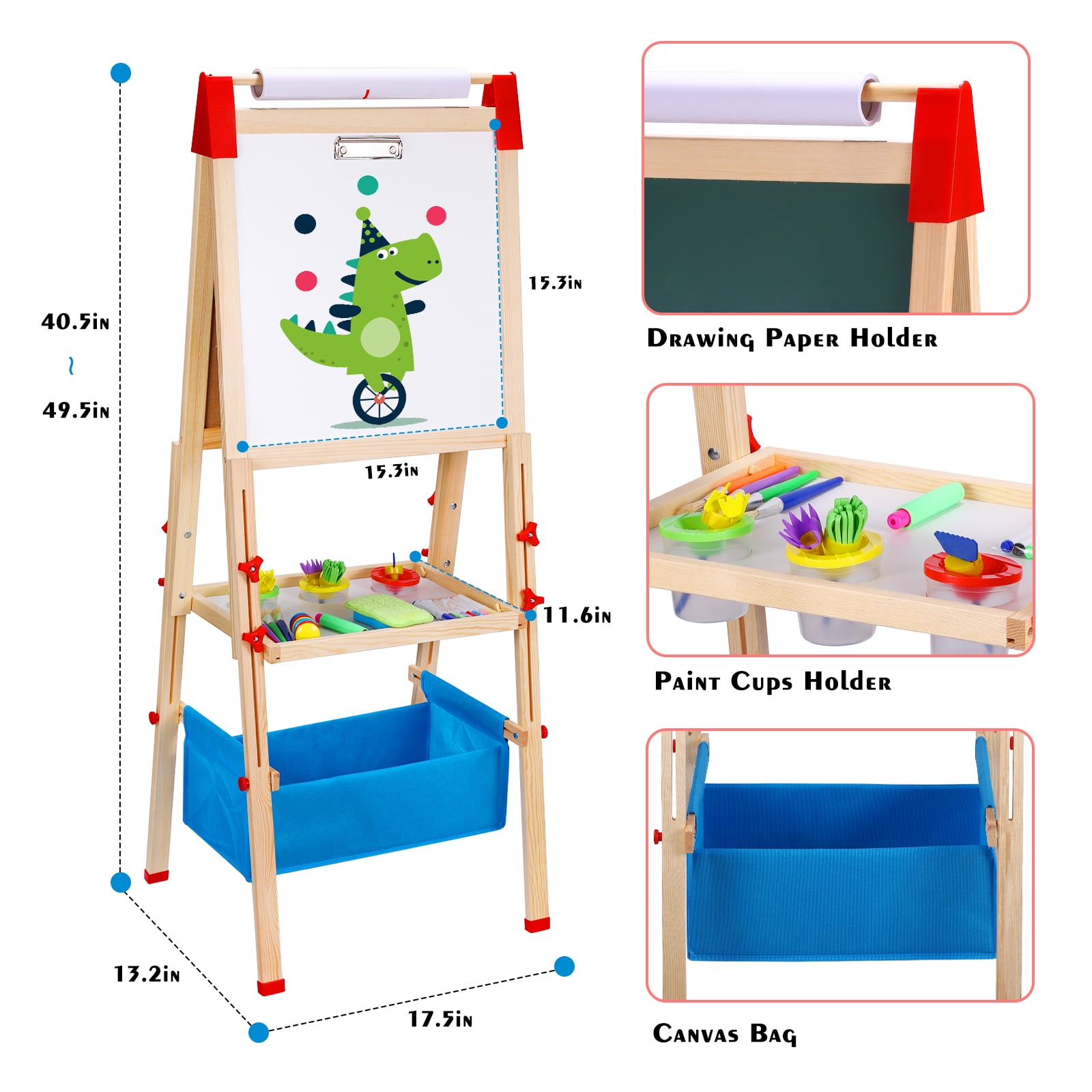 Urban Deco EASEL for Kids Wooden Magnetic Chalkboard &Whiteboard for Toddlers with Paper Roll, Best Christmas Birthday Holiday Gifts