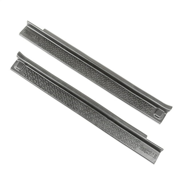 Fits 2007-2018 Jeep Wrangler JK Rugged Ridge Door Sill Protector 11216.20 Entry Guard; Tread Pattern Design With Rugged Ridge Logo; Black; Plastic; Set Of 2