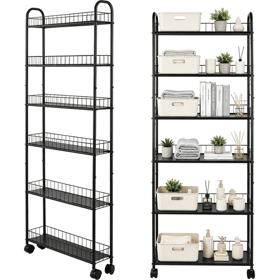 Slim Rolling Storage Cart with Wheels, Metal 6 Tier Spice Rack Mobile Shelving Unit Organizer Kitchen Utility Cart for Office Bathroom Kitchen Laundry Room Narrow Places (6inches)