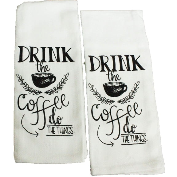 Set of 2 White Linen Kitchen Towels – Drink the Coffee Then Do the Things – Coffee Lover Gift in Organza Bag