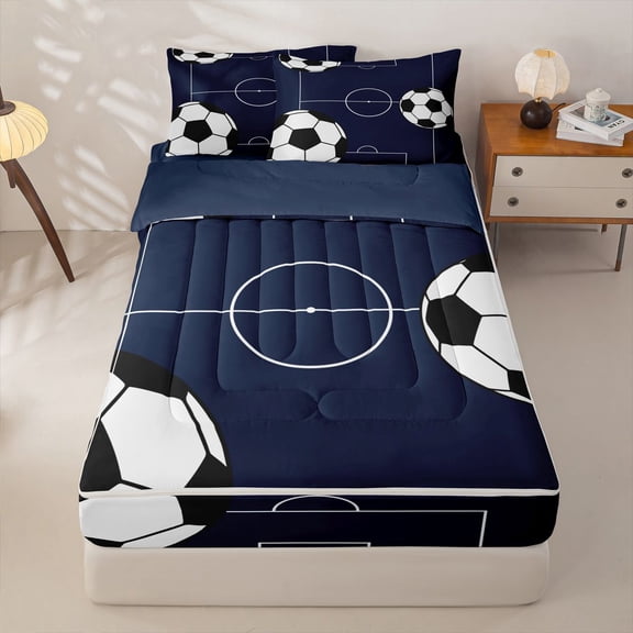 Homewish Football Games Zipper Twin Comforter Sets with Fitted Sheet and 2 Pillowcases For Kids,Boys Sports Theme Zipper Bedding Set,Navy Blue Reversible,4 Pieces