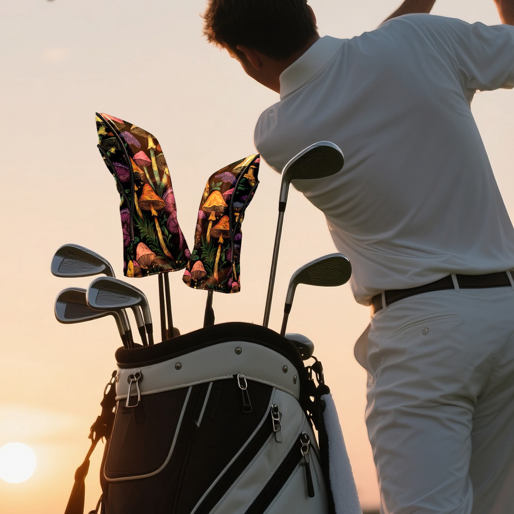 Golf Club Covers PU Leather Waterproof Head Covers for Fairway Woods Hybrids Mushroom Forest