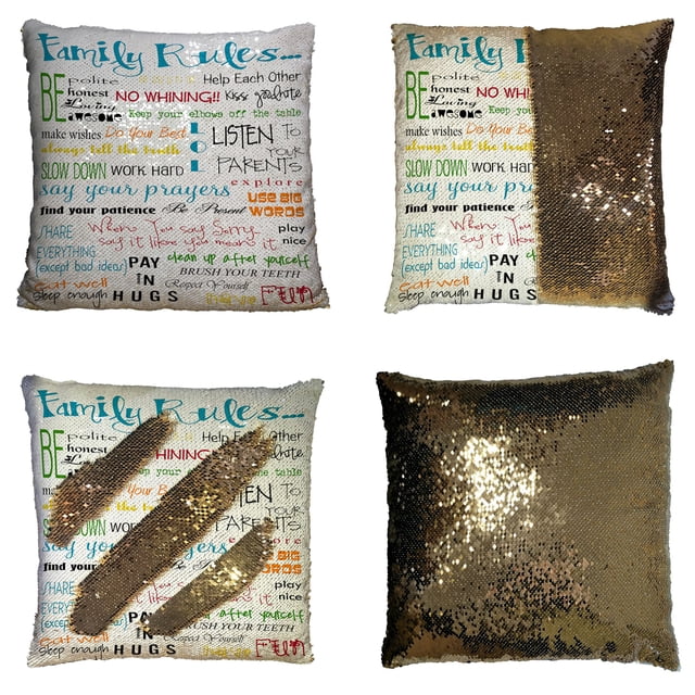 ABPHQTO Reglas de la familia Funda de almohada de lentejuelas de sirena reversible educativa Funda de cojín para decoración del hogar 45x45 cm ABPHQTO FishPillow-ZK-35-18x18