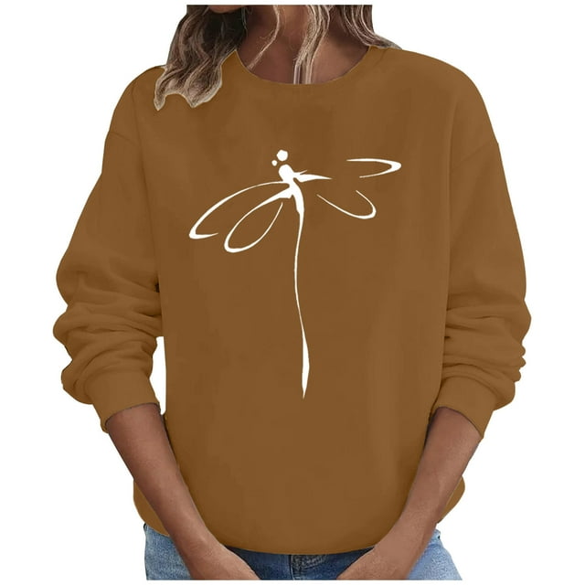 Penkiiy Blouses pour Femmes Hauts d'Automne Manches Longues Chandail Ample Chemise Décontractée Imprimé Poitrine Col Rond Chandails en Molleton Kaki Vêtements Y2K