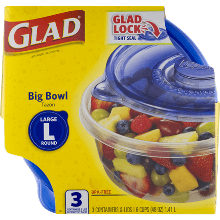 Glad Big Bowl Food Storage Containers, Round, 48 Oz, 3 Ct