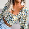 thumbnail image 3 of Crop Top Col Carré Imprimé Floral Femmes Slim Top Lanterne Manches Longues Tunique Manches Courtes Arrière Lacets Design, 3 of 8