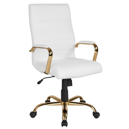 Flash Furniture High Back White Leather Executive Swivel Chair with Gold Frame and Arms