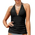 thumbnail image 2 of Linfrsh Women's Halter Tankini Top No Bottom V Neck Swim Top Tummy Control Bathing Suit Top Black,M, 2 of 5