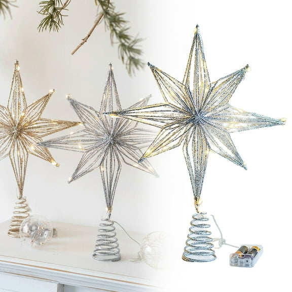 Christmas Tree Toppers Star LED Light Lamps Home Christmas Decorations for Tree Ornaments New Year 2025 Festival/ Five-Pointed Star Decorative Pendant 25Cm Silver Octagonal Star with Light