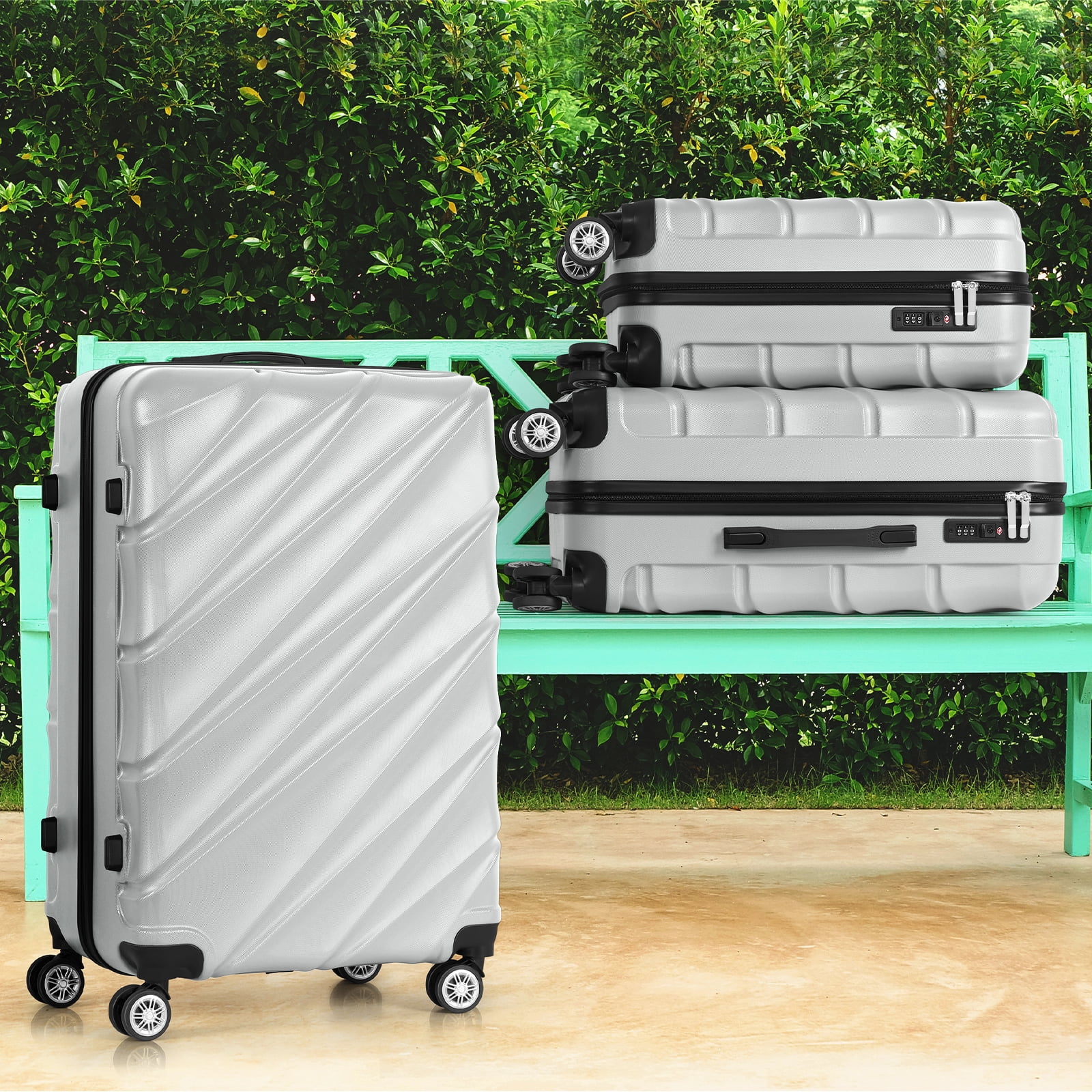 Twill Stripe Luggage Travel 3-Piece Set Silver