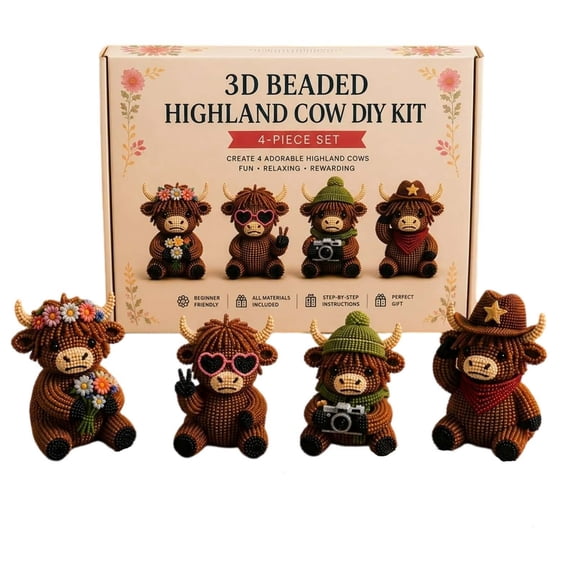 3D Beaded Highland Cow Kit, Beading Craft Set, 4-Piece Beginner Animal Bead Making Supplies for Craft Enthusiasts Holiday Gifting Tabletop Decor