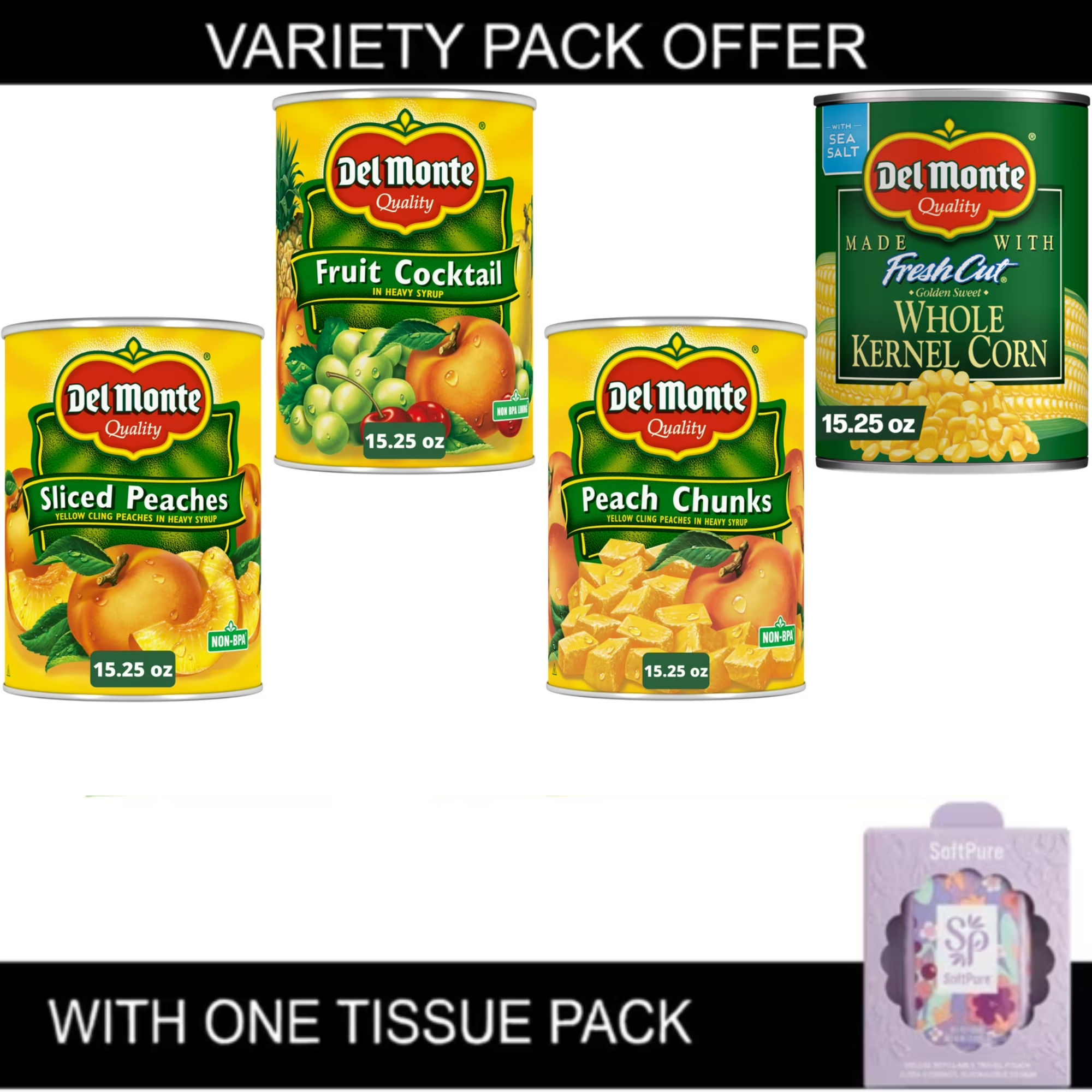 Del Monte Variety Pack – Yellow Cling Sliced Peaches in Heavy Syrup, Peach Chunks, Fruit Cocktail & Fresh Cut Golden Sweet Whole Kernel Corn, 15.25 oz Cans (Includes One Tissue Pack)