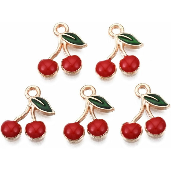 10Pcs Alloy Enamel Cherry Charms Red Cherry Pendant Charm Light Gold Jewelry Findings for Women Birthday Festival Elegant Gifts Personalized Jewelry 13x12x2mm Hole: 1.6mm